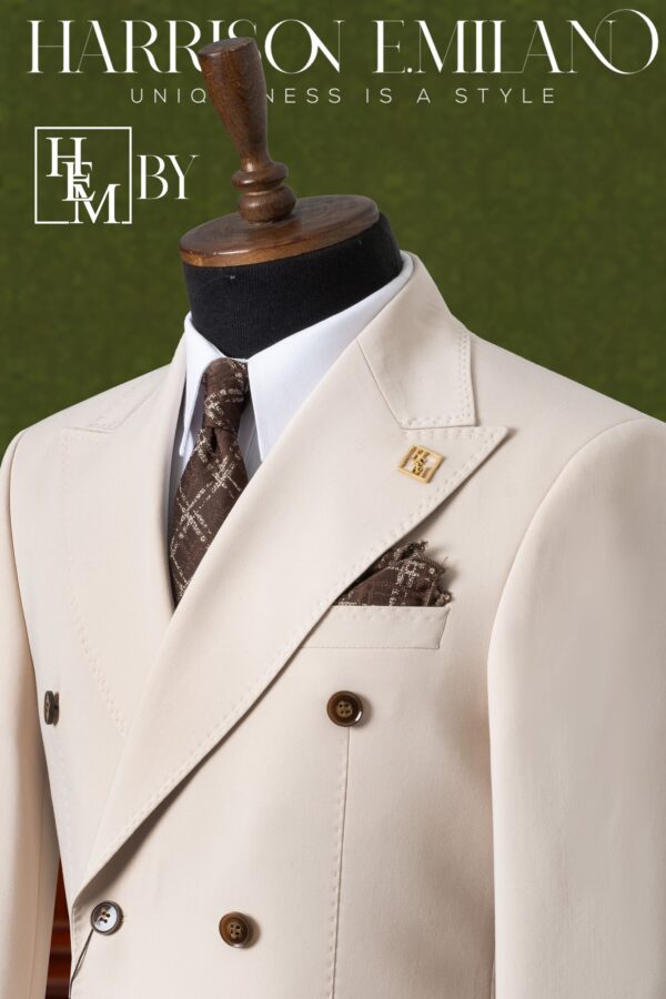 Beige Two Tone Double Breasted Suit - Image 2