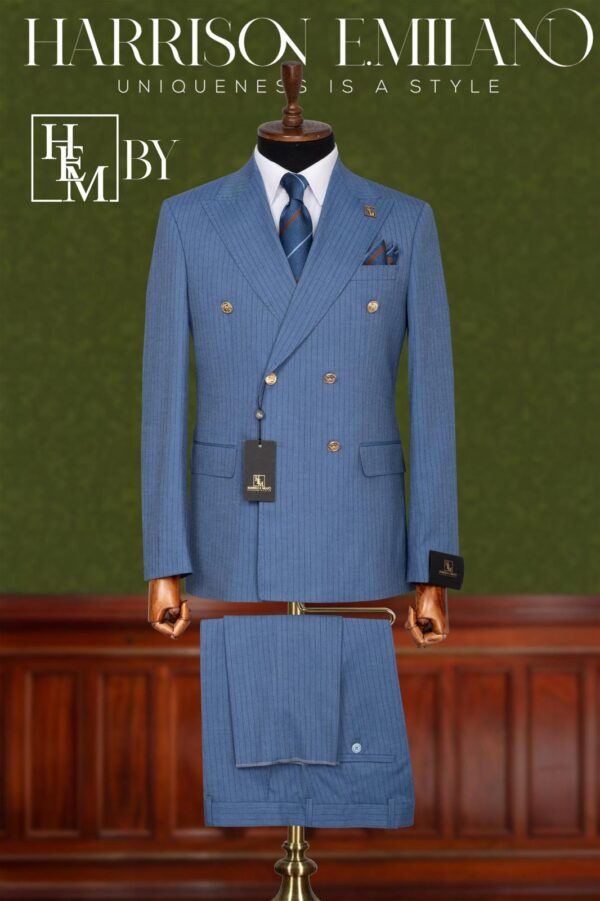 Dark Sky Blue Double Breasted Pin Stripe Suit