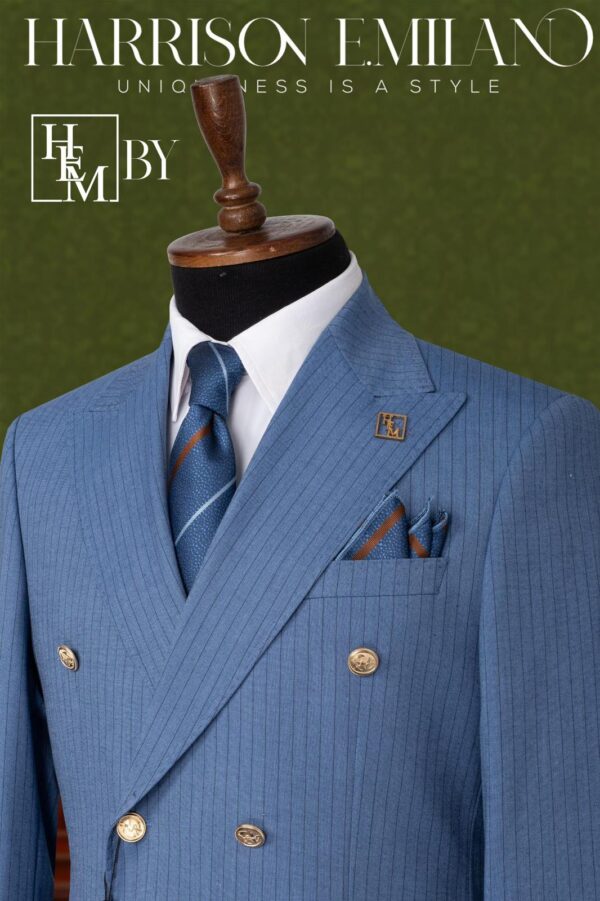 Dark Sky Blue Double Breasted Pin Stripe Suit - Image 2