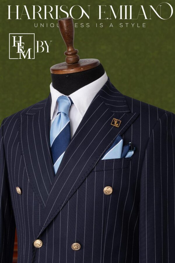 Blue Black Double Breasted Chalk Stripe Suit - Image 2