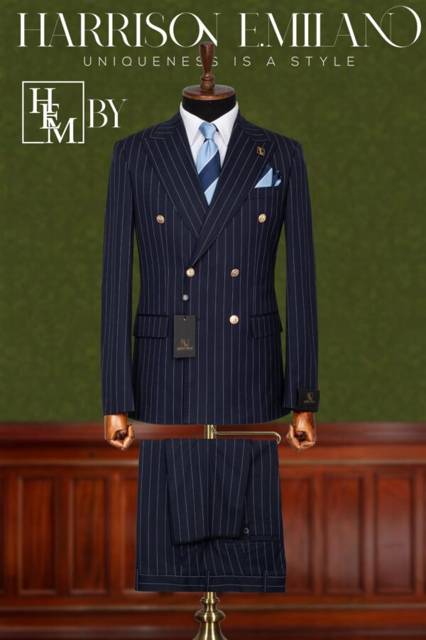 Blue Black Double Breasted Chalk Stripe Suit