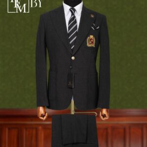 Charcoal Black Graphite Tone Crest-Embroidered Mens Suit
