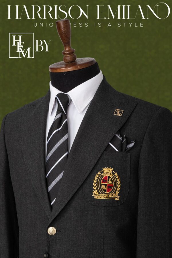 Charcoal Black Graphite Tone Crest-Embroidered Mens Suit - Image 2
